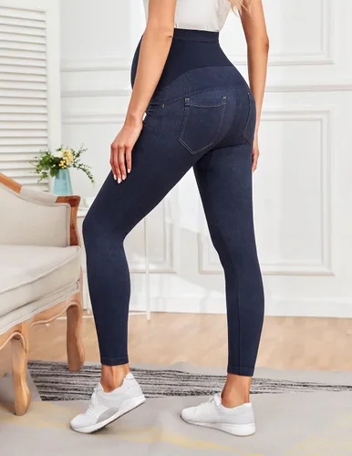 Vista 5 de HOFISH Maternity Denim Leggings Over The Belly Seamless Faux Jeans Comfy Active Stretch Pregnancy Pants with Pockets