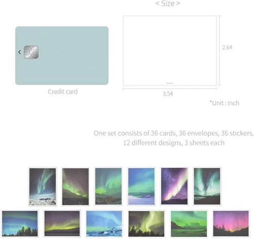 Vista 3 de Monolike Tarjeta día a día, Aurora - Mezcla de 36 minitarjetas individuales, 36 sobres, 36 calcomanías