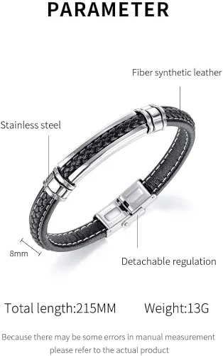 Vista 4 de FILOBOKO Pulsera de cuero negro para hombres adolescentes y niños, pulsera de hebilla ajustable de acero inoxidable plateado para hombres, Metal,