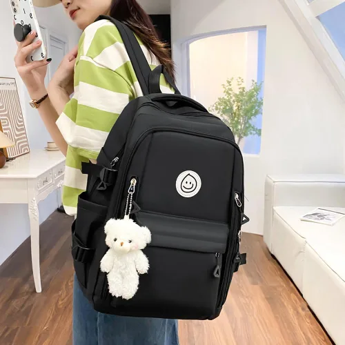 Vista 5 de 5pcs Mochila Set Gran Capacidad Patchwork Bookbag Lona con Colgante, Negro, Mediana, Casual