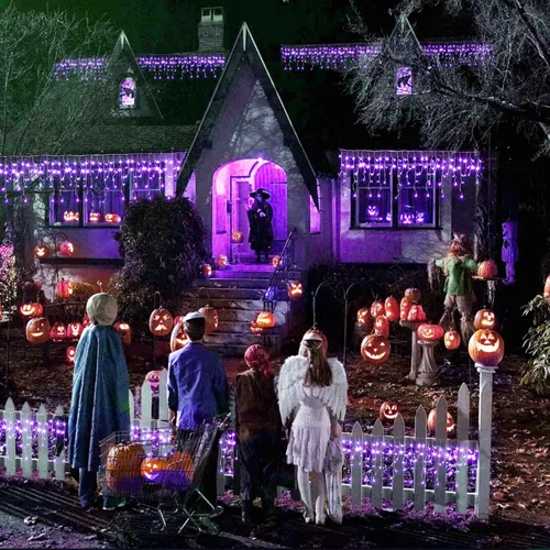 Vista 7 de JMEXSUSS Luces moradas de Halloween (cadena de luces solares y luces de carámbano de Halloween)