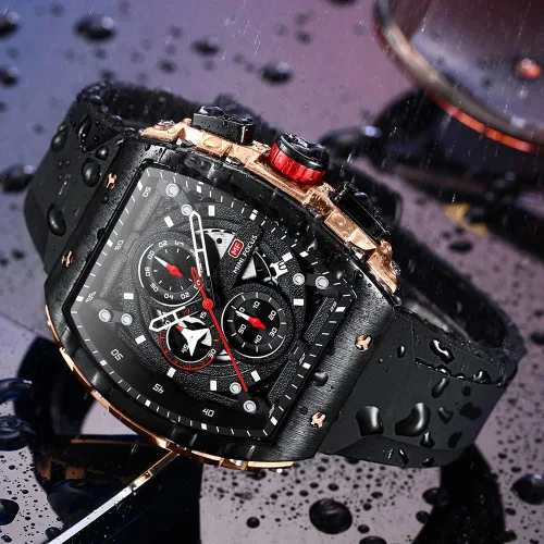 Vista 2 de Relojes para hombre, reloj Tonneau de esqueleto de lujo para hombre, impermeable, ajustable, correa de silicona, estilo steampunk, cronógrafo