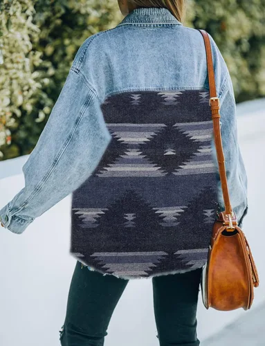 Vista 3 de Haellun Chaqueta azteca para mujer, con solapa desgastada, manga larga, con botones, chaqueta vaquera