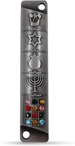 Vista 6 de Estuche de mezuzá de peltre con pergamino 3D estrella judía de David Jerusalén Menorah 12 Tribus de Israel hebreo Shin Door Mezuza Judaica Regalo