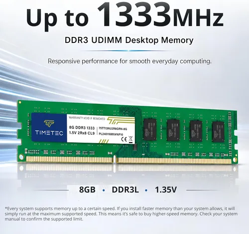 Vista 2 de Timetec - Módulo de memoria RAM de 8 GB DDR3 1333 MHz PC3-10600 Sin búfer ECC 1,5 V CL9 2Rx8 Doble rango 240 pines UDIMM Mejora de memoria