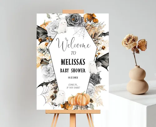 Vista 23 de Personalized Halloween Baby Shower Welcome Sign, A Little Boo Baby Shower Welcome Sign, Pumpkin Decorations,girl, Halloween Decor 12" X 18" (Small)