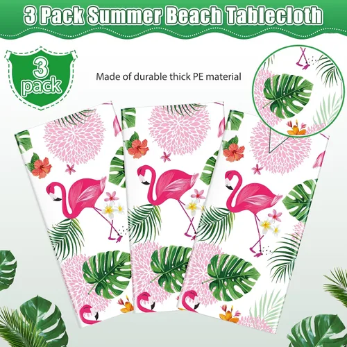 Vista 4 de Paquete de 3 manteles de verano con diseño de flamenco para fiestas, mantel de plástico tropical hawaiano, mantel desechable Luau para verano