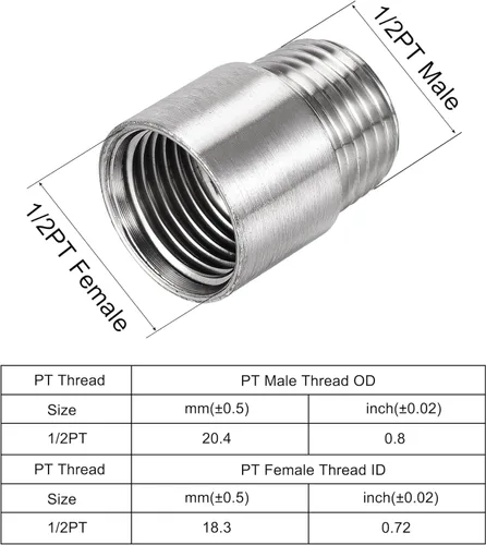 Vista 3 de Brazo de extensión de cabezal de ducha, 1.2 pulgadas 1/2PT macho a 1/2PT hembra rosca 304 acoplador de montaje de tubería de acero inoxidable