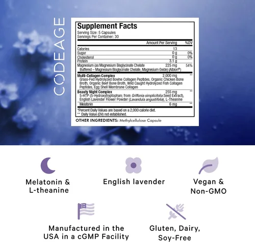 Vista 2 de Codeage Multi Collagen Protein Beauty Night - Melatonina, bisglicinato de magnesio, 5-HTP, L-teanina, flor de lavanda inglesa, caldo de hueso