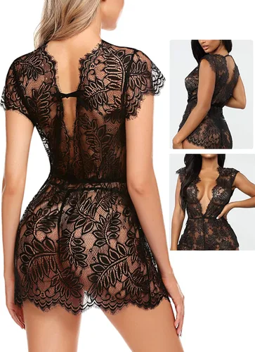 Vista 5 de Avidlove - Lencería sexy para mujer con encaje y pestañas, ropa de noche en V, malla transparente