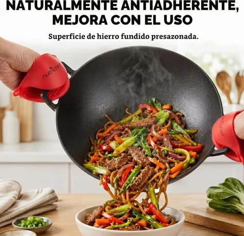 Vista 2 de NutriChef Wok de hierro fundido de 14 pulgadas con tapa de madera, Kadai pre-sazonado para freír con asas de bucle, compatible con múltiples estufas