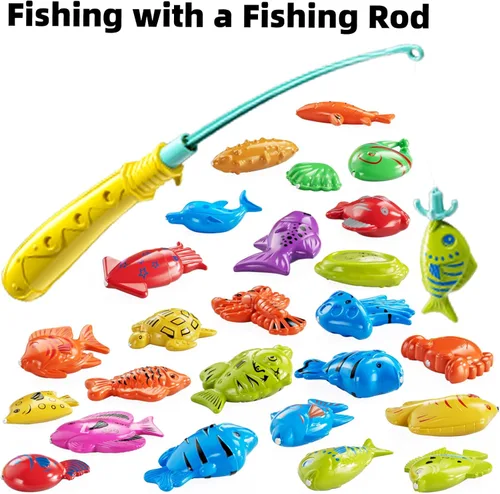 Vista 4 de TEMI - Juego de pesca para niños de 3, 4, 5, 6, 7, 8 años, juego de baño con 51 peces para niños pequeños, juguete con caña magnética y red