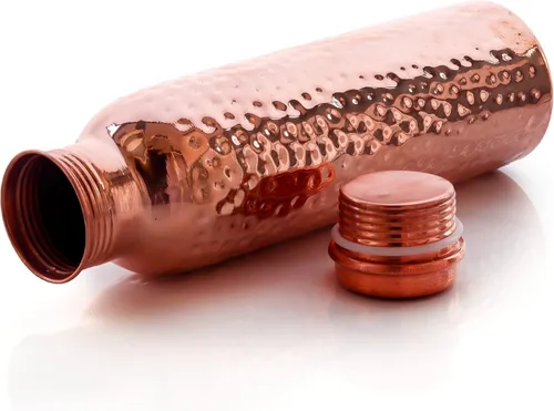 Vista 3 de Botella de agua de cobre martillado puro – Vaso de cobre hecho a mano, recipiente a prueba de fugas de 32 onzas con tapa