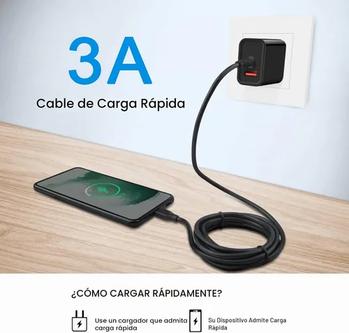 Vista 2 de Cable USB C a USB C, 60 W, paquete de 2 cables de carga rápida tipo C a Negro