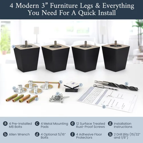 Vista 6 de Airy Abode Patas cuadradas premium de muebles en negro (kit de instalación completa) - Elige tu