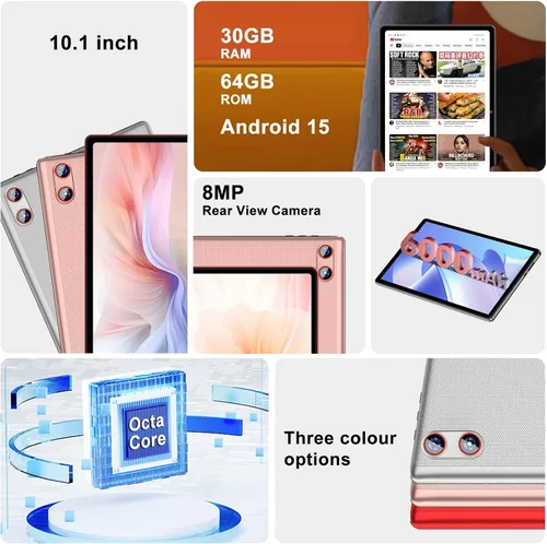 Vista 3 de 2025 Android 15 tablet de 10 pulgadas con teclado, 30GB+64GB+1TB expandibles, tabletas Octa-Core con batería de 6000mAh, pantalla HD IPS, WiFi 5G