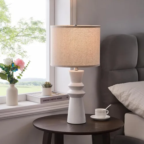 Vista 6 de Juego de 2 lámparas de mesa minimalistas de cerámica blanca de 24.75 pulgadas, lámpara de mesa auxiliar moderna Neutral White Lamps Set of 2, For