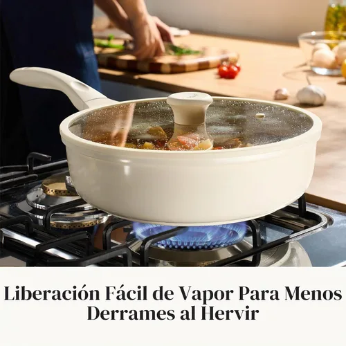 Vista 3 de Redchef Sartén antiadherente para freír con tapa, sartén para saltear de cerámica, libre de PFOA y PFOS, compatible con inducción, mango con ayuda