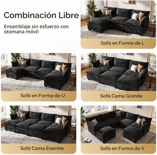 Vista 4 de KKL Sofá Cama Seccional Modular Grande de 91.3", Sofá Cama Convertible en Forma de J/L de 6 Plazas Sofá Nube con Otomana, Sofás Seccionales