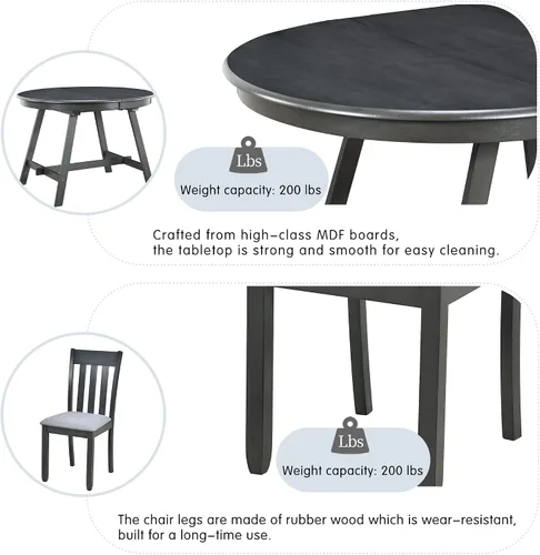 Vista 5 de Juego de mesa de comedor de madera de 5 piezas, mesa de comedor redonda extensible con 4 sillas de comedor, juego de mesa de cocina