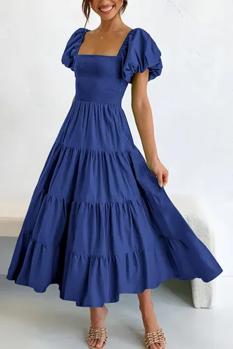 Vista 8 de PRETTYGARDEN Vestido midi casual de verano para mujer, manga corta, cuello cuadrado, fruncido, con volantes