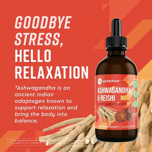 Vista 3 de 360 Nutrition Ashwagandha & Reishi - Suplemento de raíz de gotas para aliviar el estrés, la resistencia y la longevidad, y apoyo energético