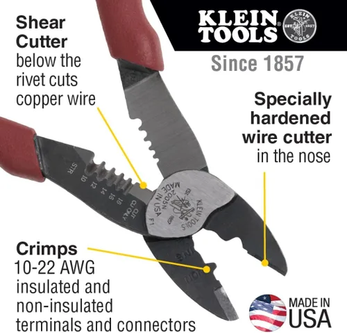Vista 2 de Klein Tools 2005N - Cortador de alambre, fabricado en EE. UU., pelacables, herramienta de enganche, pela alambre trenzado de 10-18 AWG, engancha