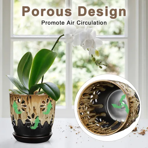 Vista 4 de Ollas de orquídeas de 6 pulgadas con agujeros Brown Black Ceramic Orchid Pot para trasplante marrón y negro