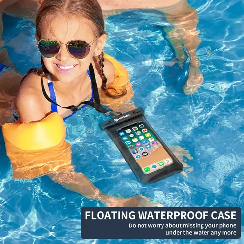 Vista 2 de HOTEMIA Funda impermeable flotante para teléfono celular, bolsa seca con cordón para el cuello y brazalete, se adapta a iPhone y todos los teléfonos