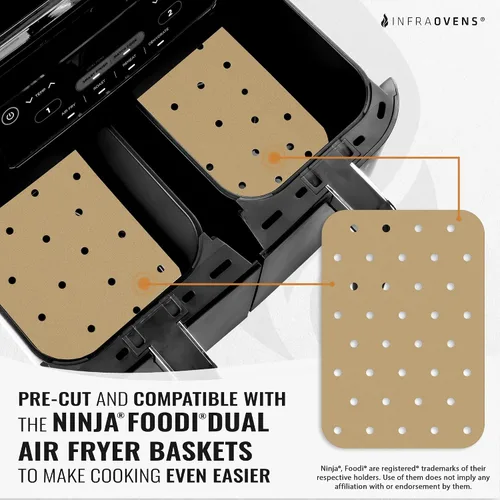 Vista 2 de Accesorios de papel pergamino para freidora de aire Ninja Foodi DZ201 DZ401, 200 forros sin blanquear y alfombrilla resistente al calor, doble cesta