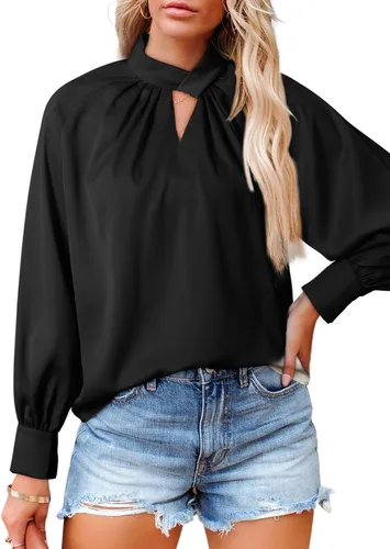Vista 5 de Astylish Blusas elegantes de satén con cuello en V para mujer, túnica de manga larga