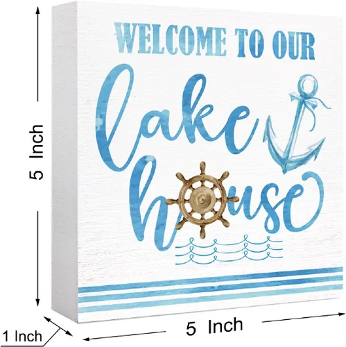 Vista 2 de Letrero de madera con texto en inglés "Welcome to Our Lake House" para decoración de casa con temática de lago, decoración de escritorio