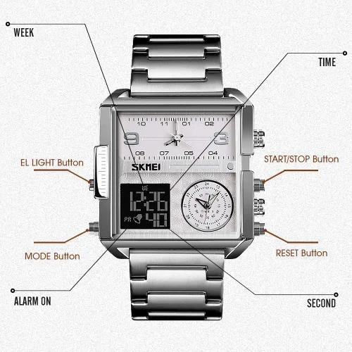 Vista 5 de SKMEI Relojes para hombre, relojes de pulsera cuadrados para hombre, retroiluminación LED, pantalla grande, zona multihoraria, reloj para hombre