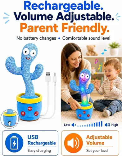 Vista 2 de Juguetes recargables para bebés, juguete de cactus que habla bailando, volumen ajustable, canto, imitando y repetido, juguetes interactivos
