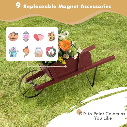Vista 5 de HAPPYGRILL Planta de carro de carretilla, maceta pequeña de madera de pino maciza con soporte de metal triangular, 2 asas de ahorro de energía