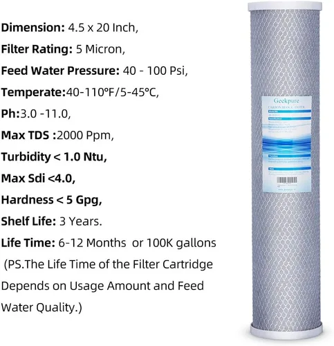 Vista 5 de Geekpure Filtro de agua de bloque de carbono de 20 pulgadas que elimina olores de sabor a cloro para filtración de toda la casa, 4.5 x 20 pulgadas