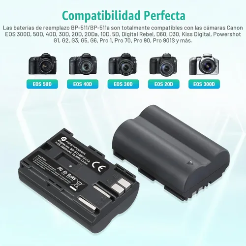 Vista 3 de FirstPower BP-511 BP-511a Batería 2-Pack 2200mAh y cargador dual para Canon