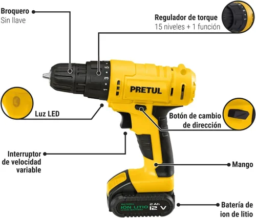 Vista 3 de Taladro inalámbrico, batería de iones de litio 12 V Pretul