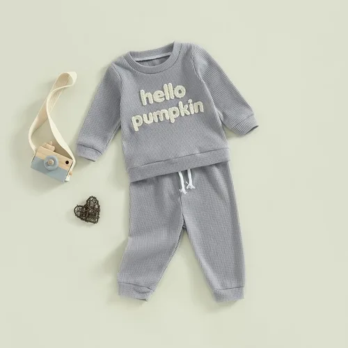 Vista 2 de Toddler Baby Boy Halloween Outfit Hello Pumpkin Sweatshirt Pullover Tops Pants Fall Winter Clothes Set