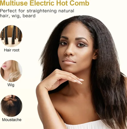 Vista 5 de Peine caliente de titanio en forma de V para pelucas y cabello negro natural, peine de presión de doble voltaje de 100-240 V con 3 ajustes de calor