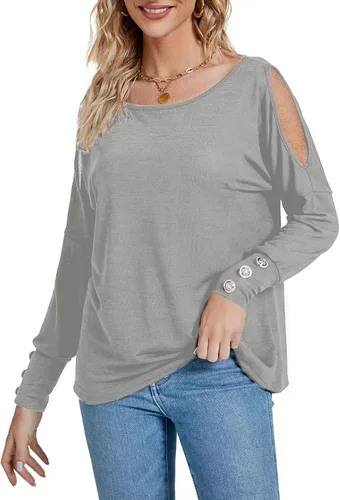 Vista 5 de LYANER Blusa casual de manga larga con cuello bote y hombros descubiertos para mujer