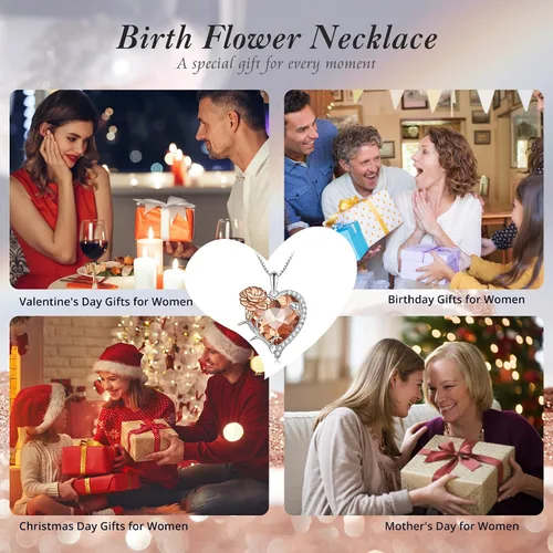 Vista 6 de VOROCO Collar de piedra natal de cristal en forma de corazón con flores de cumpleaños, collar de plata de ley 925 con colgante de amor para mujer