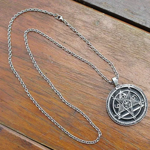 Vista 2 de Ouroboros 666 sigil de Baphomet - Colgante de plata de cabra sabática de peltre con medallón de la iglesia de Satán (cadena de acero inoxidable)