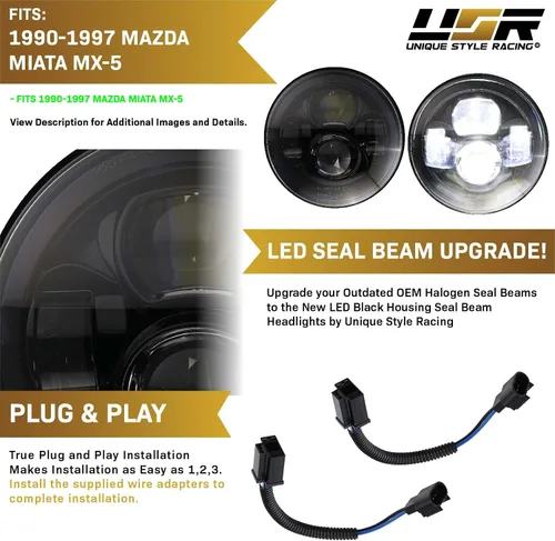 Vista 4 de USR 90-97 Miata MX-5 NA 7” Pulgadas Redondas H6024 Faros LED Proyector H6014 Negro Carcasa 6024 Haz Alto/Bajo Sellado (Par) Compatible con Mazda
