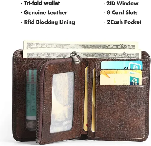 Vista 28 de Billetera para hombre con cremallera de cuero genuino RFID tarjeteros de piel de vaca con cremallera bolsillo para monedas, carteras plegables