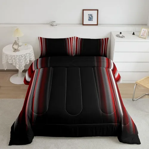 Vista 18 de Feelyou Juego de edredón geométrico degradado para adolescentes, tamaño individual, para niños y mujeres, azul, rojo y negro, juego de ropa de cama