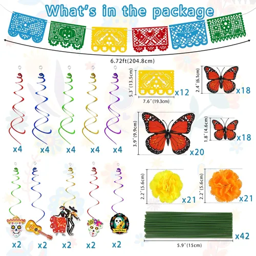 Vista 4 de Juego de 140 piezas de decoración del día de los muertos: decoración del día de los muertos, papel picado, caléndula, mariposa, espirales colgantes