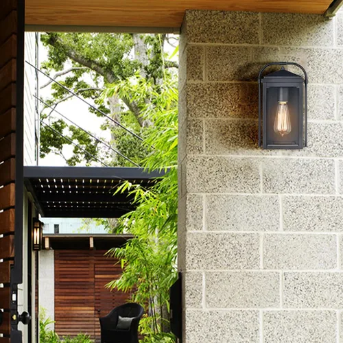 Vista 2 de Lámpara de pared exterior antioxidante negra – Farol de pared impermeable de cristal transparente para exteriores, patio, porche, garaje, puerta