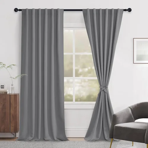 Vista 114 de Hiasan Cortinas opacas negras para dormitorio, cortinas opacas cortas de 45 pulgadas de largo, con aislamiento térmico, bolsillo para barra