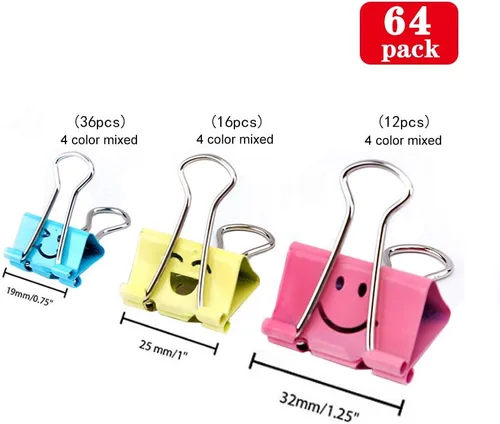 Vista 2 de 【64pack】 Clips para carpeta, clips de papel Limque, sujetapapeles con cara hueca sonriente de color, 64 piezas de tamaño surtido, para oficina